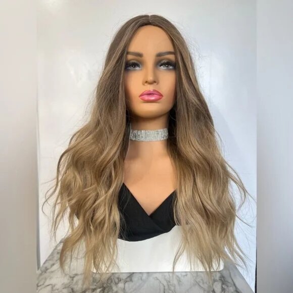 Blonde Balayage Wavy Light Ash Blonde w/ Brown Roots Wig 28" - Picture 6 of 7